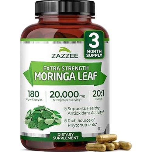Zazzee Organic Moringa 20:1 Extract, 20,000 mg Strength, 180 Vegan Capsules, 100% Pure Oleifera Leaf Superfood, Concentrated and Standardized 20X Extract, All-Natural, Non-GMO, Made in The USA