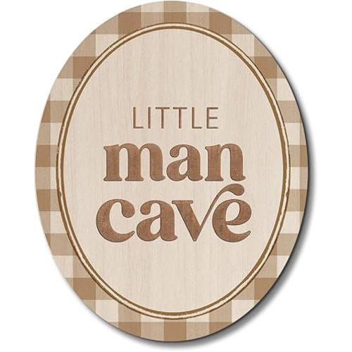 Dilemat Little Man Cave Boy Nursery Oval Wall Art,Boys Room Wall Decor,Neutral Plaid Wooden Sign Hanging Decor for Kids Boys Nursery Toddler Room Bedroom Playroom,8x10 Inch