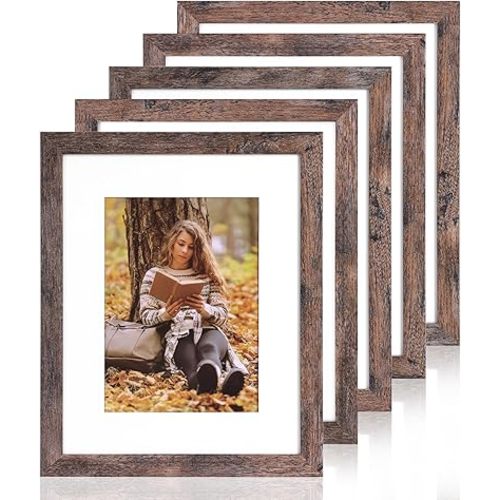 Fixwal 8x10 Picture Frames Set of 5, Rustic Brown Wood Grain with Tempered Real Glass, Vintage Photo Frames for Wall Decor Mounting and Tabletop Display