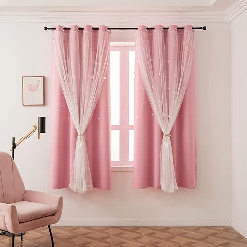 Pink Curtains for Girls Bedroom Kids Baby Room Decor Cute Double Layer Star Cutout Curtain Room Darkening Window Curtains for Nursery (Pink, 52W x 63L,2 Panels)