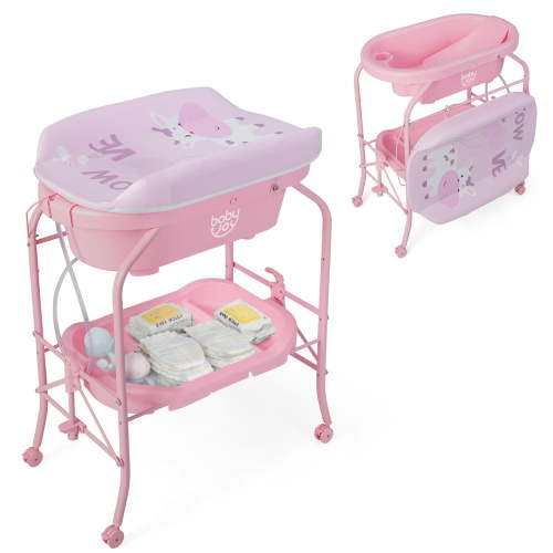 Babyjoy Changing Table with Bathtub Folding Portable Diaper Station Steel 0-12 Months PP Pink