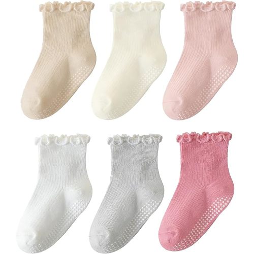 ANYANIME 6 Pairs Toddler Ruffle Socks for Girls Baby Grip Socks Non Slip Socks Cute Grippy Frilly