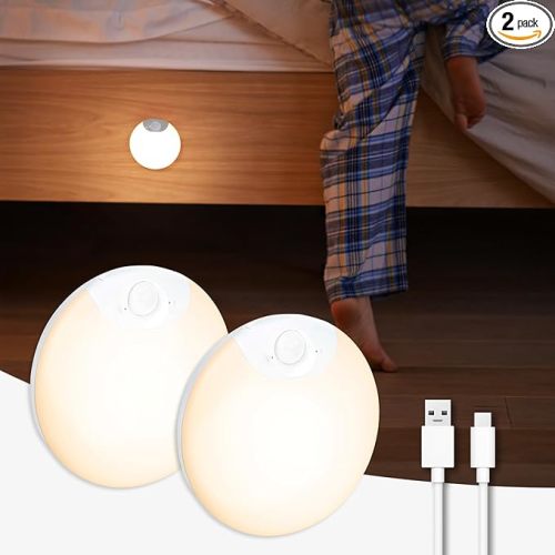 Battery Night Light, Motion Sensor Night Light Rechargeable, Magnetic Warm White LED Stick-On Closet Light, Dimmable Brightness for Stairs, Bathroom, Wall, Cruise, Cabinet, Hallway (2 Pack)