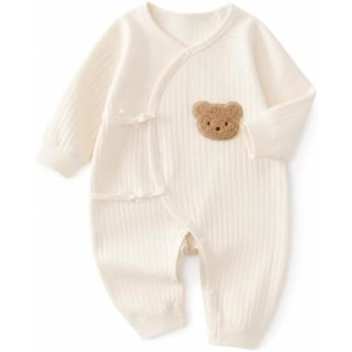 Newborn Baby Cotton Onesie, Cute Bear Patched Casual Long Sleeve Bodysuit, Toddler & Infant Boy's Girl's Comfortable Clothing