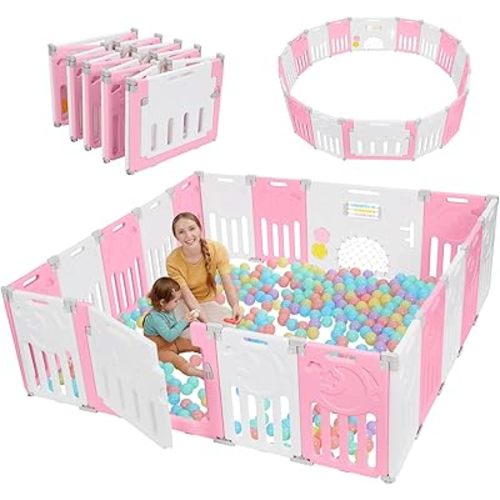 Baby Playpen, Dripex Baby Playard for Babies and Toddlers, 18-Panel Foldable Playpen Adjustable Portable Play Area, Indoor/Outdoor Kids Active Center with Game Panel & Safety Gate, Pink White