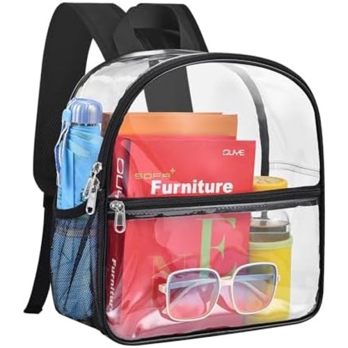 Paxiland Clear Backpack Stadium Approved 12×12×6 with Reinforced and Wider Shoulder Straps, Small Clear Bag for Schools, Concerts, Work, Festivals and Sporting Events - Black
