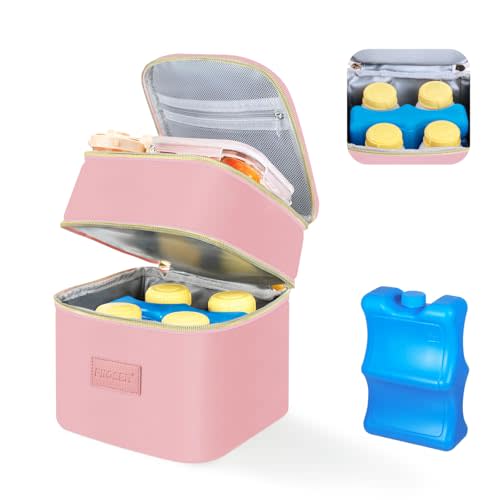 PIIOSER Insulated Baby Bottle Tote Bags with Ice Pack, Fits 4 Baby Bottles Up to 5 Ounce, Portable Breastmilk Cooler Travel Bag with Buckle for Nursing & Working Mom Daycare(Pink-XS)
