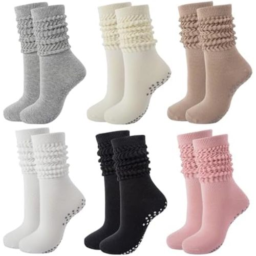 MKYSZLT 6 Pairs Grip Pilates Socks for Women Non Slip Grippy Slouch Scrunch Yoga Barre Socks with Grips Workout Hospital (1#(white,black,khaki,gray,pink,beige))