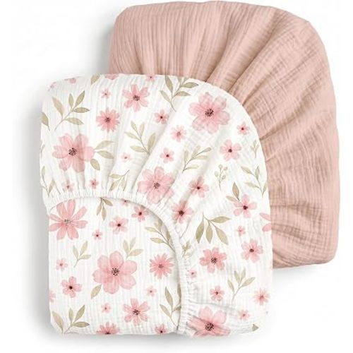 Muslin Crib Sheets for Boys Girls, Fitted 52''x28'' Organic Cotton, Floral