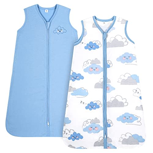 TILLYOU 2 Pack Infant Sleep Sack 0-6 Months 100% Cotton Wearable Blanket 0.5 TOG Sleeveless Summer Sleep Sacks with 2-Way Zipper, Small Cloud & Blue