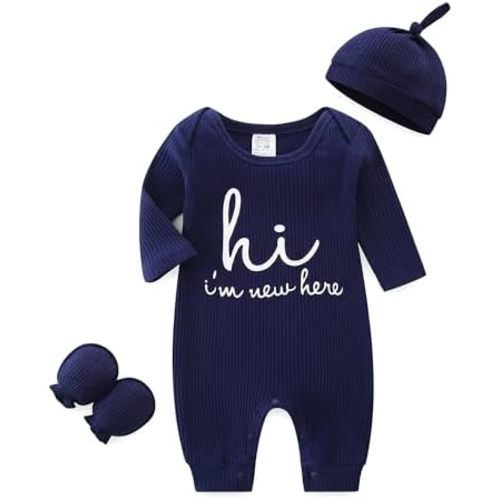 Newborn Unisex Baby Clothes 0-3 Months,Long Sleeve Onesie Infant Coming Home Outfits Romper with Mittens & Hat