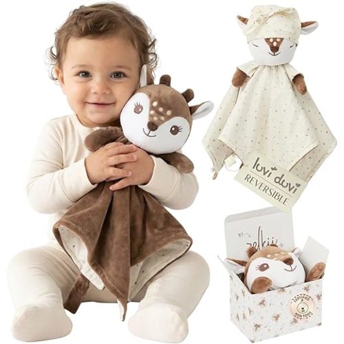 Reversible Lovey for Babies, Security Blanket for Babies with Pacifier Holder, Fawn Deer Lovey for Baby, Day-to-Night Comfort Companion, Patent-Pending Oeko-TEX Certified