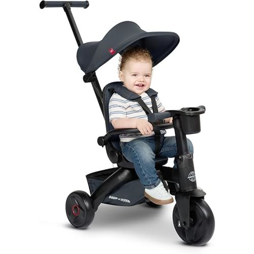 Radio Flyer Coast Folding Stroller Trike, for Kids 6 Months-3 Years, Lightweight, Compact, 4 Riding Modes, UV Canopy, 5-Point Harness, Safety Bar, Cup Holder, Storage, Stroller Tricycle for Toddlers