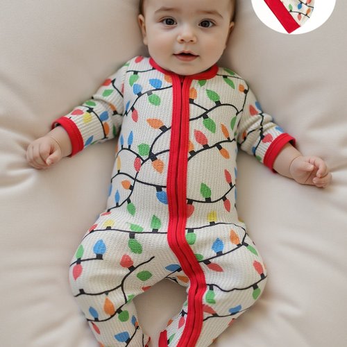 Newborn Baby Boy Christmas Romper - Bulb String Print & Colorblock Outfit with Matching Hat, Long Sleeve Zipper Jumpsuit, Red Soles & Warm Footed Onesie (Machine Washable) for Winter Holiday Photos & Parties, Perfect for Outdoor