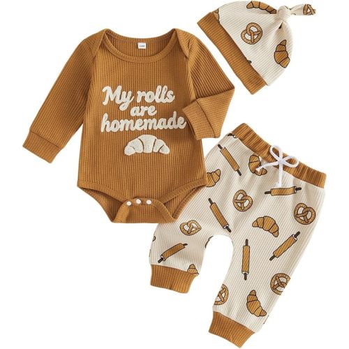Newborn Baby Boy Clothes Football Outfits Embroidered Waffle Long Sleeve Romper Pants Hat Fall Winter 3 Piece Set