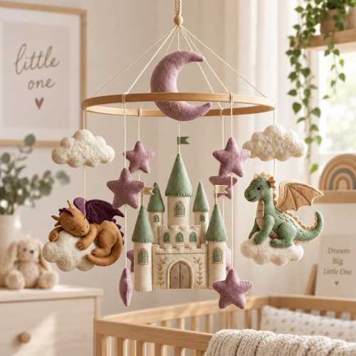 Dragon Baby Mobile, Fantasy Castle Felt Crib Mobile, Moon Star Nursery Decor, Fairytale Baby Room, Handmade Baby Shower Gift