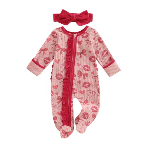 Ayalinggo Newborn Baby Romper Infant Girl One-piece Outfit Waffle Ruffle Zip Footie Spring Summer Clothes With Bow Headband