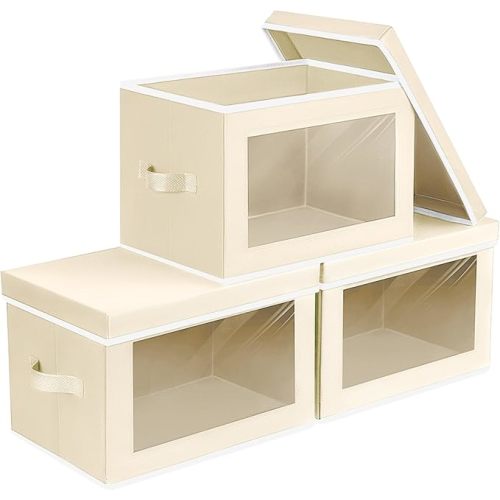 Storage Bins with Lids - Medium Storage Box with Lids, Foldable Closet Boxes for Organizing, Stackable Clothes Organizer with Window, Cubes Bins for Living Room, 5 Pack, Beige
