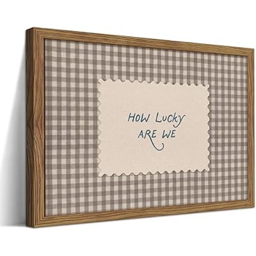 How Lucky Are We Wall Art, Vintage Gingham Inspirational Canvas Wall Decor Painting, Funky Preppy Stripe Quotes Poster Print Picture for Bedroom Dorm Apartment Decor 12x16 Inch Framed