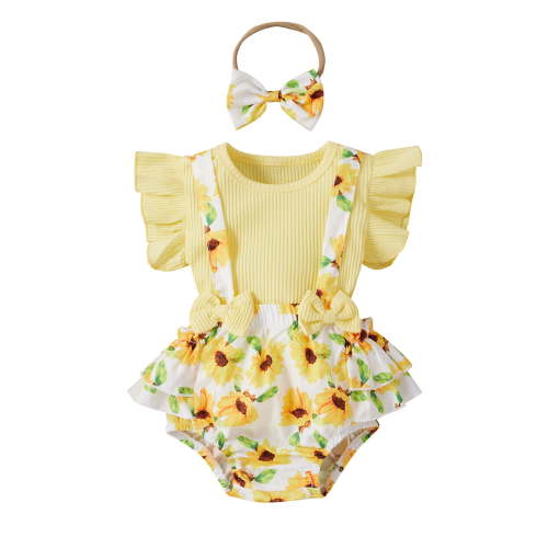 Izhansean Newborn Girl's Floral Romper, Shorts & Headband Set, Yellow, 0-3 Months