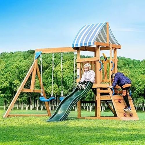 ROBUD Swing Sets for Backyard, Wooden Swing Set, All-in-One Kids Outdoor Play Equipment with Two Swings, Slide, Rock Climbing Wall, Blackboard, Telescope, Fort, Outdoor Playset for Kids & Toddlers