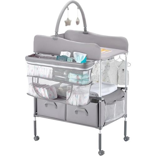 VEVOR Baby Changing Table, Foldable Diaper Change Station with 2 Fabric Drawers, Side Basket & Hanging Rod, Adjustable Height Portable Changing Table with Lockable Wheels & 2 Star Toys, Light Gray