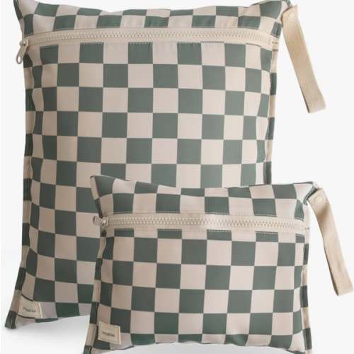 mushie Water Resistant Wet Bags | Large & Small Reusable Storage Bag for Baby Items and Travel | Zippered Pockets with Handle | Machine Washable, Set of 2 (Olive Check)