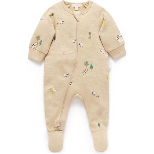 Embroidered Fleece Growsuit Farm Friends Broderie - Purebaby | Maisonette