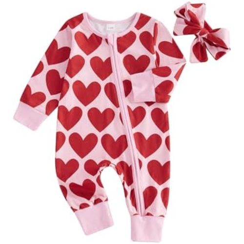 Suolongsama Baby Girl Outfit Newborn Long Sleeve Zipper Jumpsuit Heart Romper with Headband