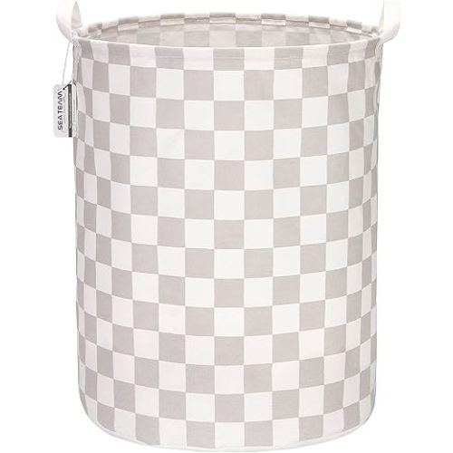 Sea Team 19.7 Inches Large Sized Waterproof Coating Ramie Cotton Fabric Folding Laundry Hamper Bucket Cylindric Burlap Canvas Storage Basket with Stylish Grid Grey Design