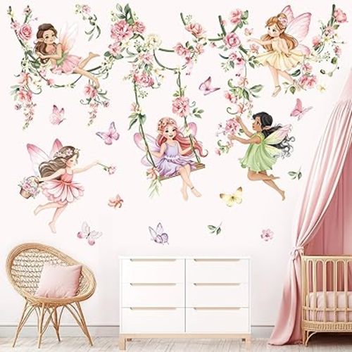 decalmile Pink Flower Fairy Wall Stickers Hanging Peony Flower Vine Butterfly Elf Wall Decals Baby Nursery Bedroom Girls Room Home Decor