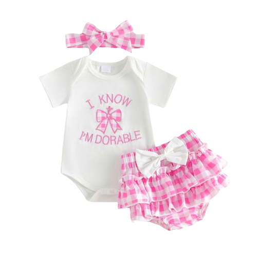 Staki Infant Baby Girl Clothes Newborn Summer Outfits Cute Romper Shorts Set Plaid Girl Clothes with Headband 3M 6M 9M Pink,0-3 Months