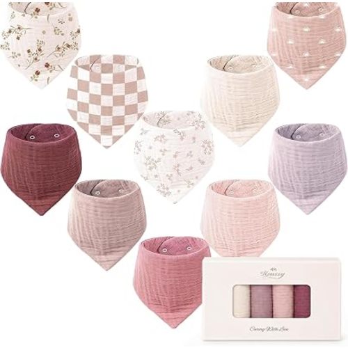 Konssy 10 Pack Baby Muslin Bandana Bibs for Drooling and Teething