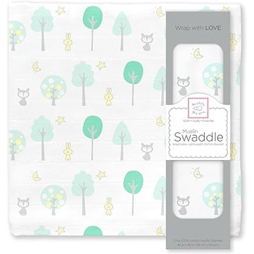 SwaddleDesigns Cotton Muslin Swaddle Blanket, Receiving Blanket for Boys & Girls, Best Shower Gift, 46x46 inches, Green Woodland