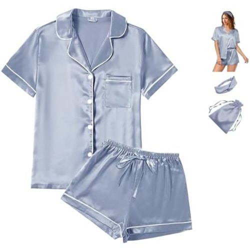 WJing Yi Jia Womens Satin Silky Pajama Sets Short Sleeve Shirt XS-4XL Floral Pajamas Set Soft PJ Loungewear Sleepwear