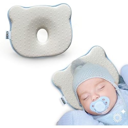 Memory Foam Portable Pillow Soft Cozy Baby Pillow Machine-Washable Head and Neck Support Breathable Anti-Slip Design Prеvents FΙat Hеad Blue&Beige