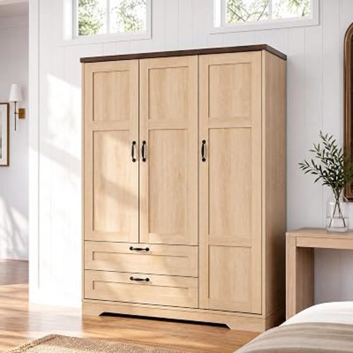 Yechen 62" Wooden Armoire Wardrobe Closet with 3 Doors & 2 Drawers, Mirror