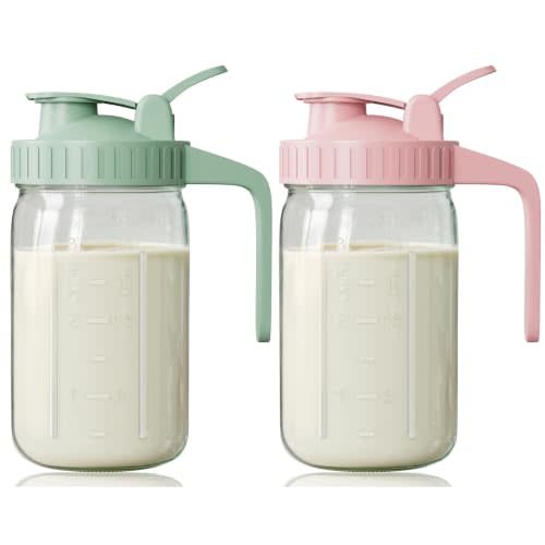 32 oz Breast Milk Pitcher, Glass Mason Jar Pitcher with Lid | Airtight, Leak Proof, Wide Mouth, Pour Spout Lid, Thick Glass, Fridge Safe, Ergonomic Handle, Easy to Clean