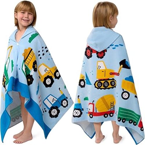 Joiedomi Hooded Towels for Kids Engineering Vehicle Print Soft 100% Cotton Kids Beach Towel 30" x 50" for 3-8 Years Boys Girls Beach Hooded Poncho Absorbent Pool Toddler Swim Bath Wrap