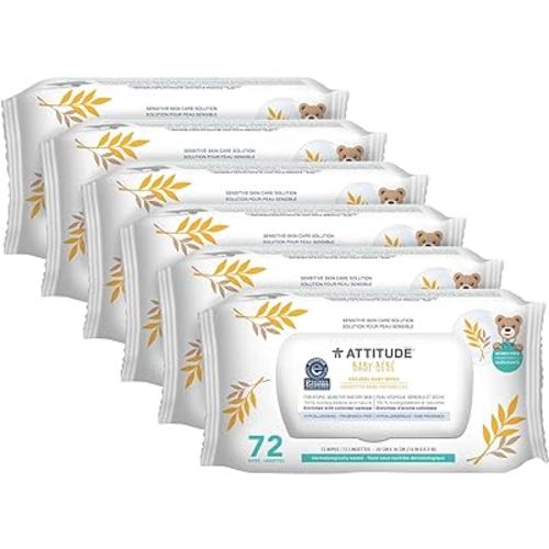 ATTITUDE Baby Wipes Unscented, For Sensitive Skin with Oat, Natural origin, Dermatollogically tested​, For Babies, Toddlers & Kids, Revitalizing Chamomile Extract, EWG Verified​, 72 Count (Pack of 6)