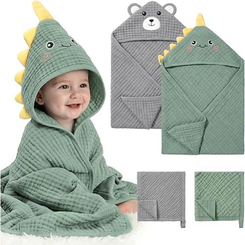 CandyHome 4 Pack Muslin Baby Towels for Newborn Set, 100% Cotton 2 Hooded Baby Bath Towels 32x32 with 2 Washcloths 10x10, Super Soft Absorbent Infant Toddler Bath Essentials Gifts, Dinosaur & Bear