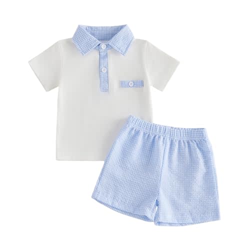 Bonangber Toddler Baby Boy Summer Clothes Lapel Collar Short Sleeve Romper and Plaid Elastic Waist Shorts Sets Summer Outfit