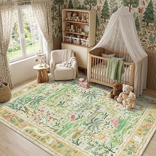 Washable Area Rug 5x7 Green Animal Print Rugs for Nursery Non Slip Stain Resistant Forest Fairy Tale Throw Carpet Low Pile Whimsical Safari Area Rugs for Entryway Girls Bedroom Dining Room, Sage Green