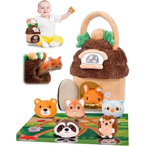 Baby Toys 6-12 Months Forest Animal House with Map Plush Stuffed Animals Rattle Squeaker Montessori Toys for Babies Sensory Infant Toy Toddler Gift 1-3 Year Old
