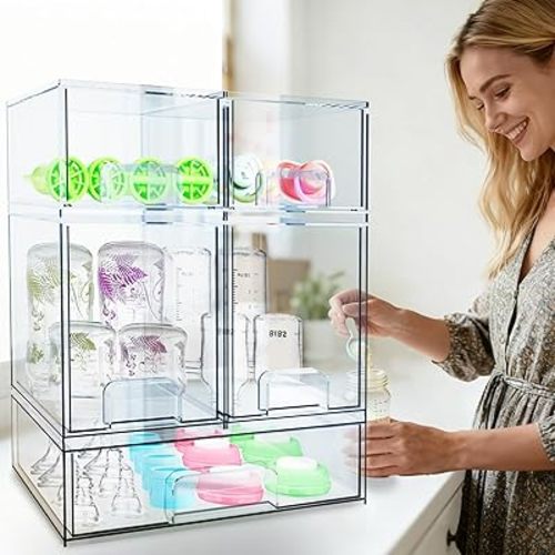 Baby Bottle Organizer for Countertop Cabinet, 5 Pack Space-Saving Stackable Container with Drawer and Handle, Clear Baby Organizers and Storage for Bottles, Pacifiers, Pump Parts