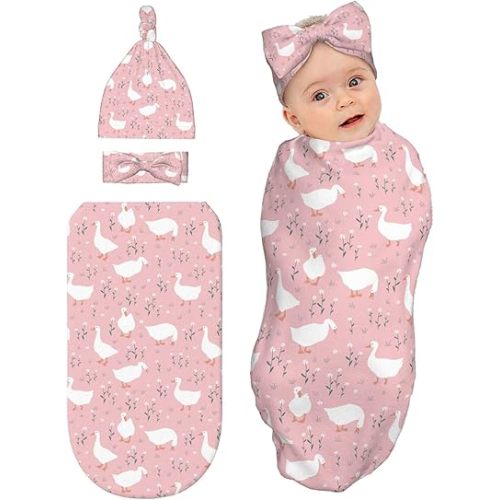 Goose Pink Baby Stuff Newborn Swaddle Blanket with Beanie Hat and Headband Set,Baby Swaddle Blanket Gifts for Infant Shower Boys Girls