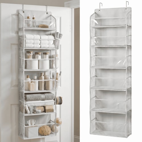 UPGRADED 6 Tiers Over The Door Organizer Hanging - 100D EXTRA THICK & 50lbs HUGE CAPACITY, 12 Side Mesh Pockets Over The Door Shoe Organizer, Hanging Closet Organizer (Transparent, 1pc)