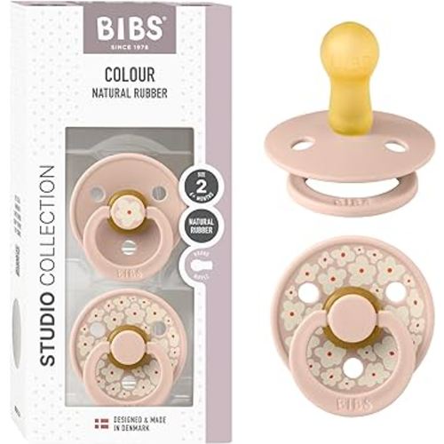 BIBS Pacifiers - Studio 2 Pack | Round Nipple Baby Pacifier | BPA Free Natural Rubber Latex Soother | Made in Denmark | Size 6+ Months | Jasmine Blush
