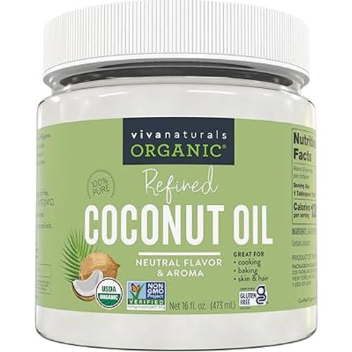 Viva Naturals Refined Coconut Oil, 16 fl oz – Expeller-Pressed, USDA Organic, Neutral Flavor & Aroma, Ideal for Cooking, Baking, Hair & Skin Moisturizer