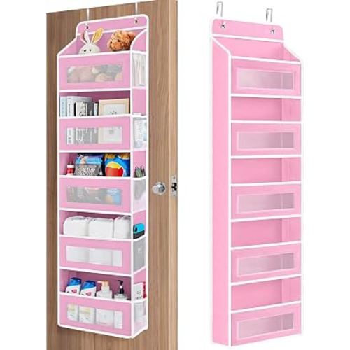 JARLINK Over the Door Organizer for Bedroom, Pantry, Bathroom, 5 Shelf Pink | Anti-Tilt Design, 44 lb Load Capacity, Hanging Door Organizer with 5 Large Capacity Pockets, Behind Door Storage for Nursery